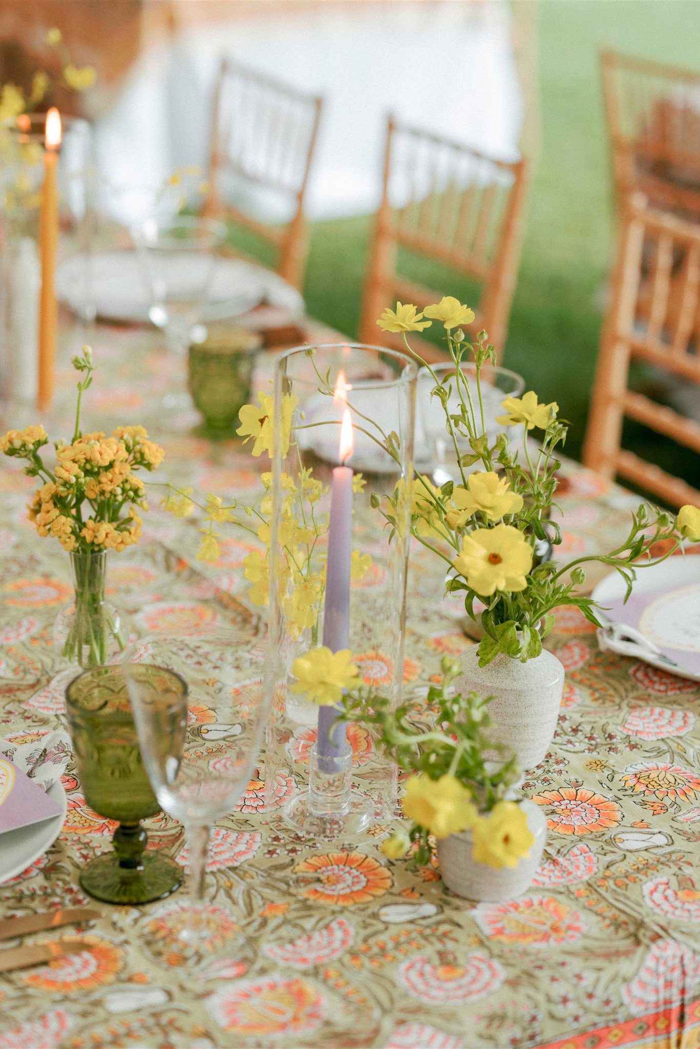 Patterned tablescape with tapers and candlelight